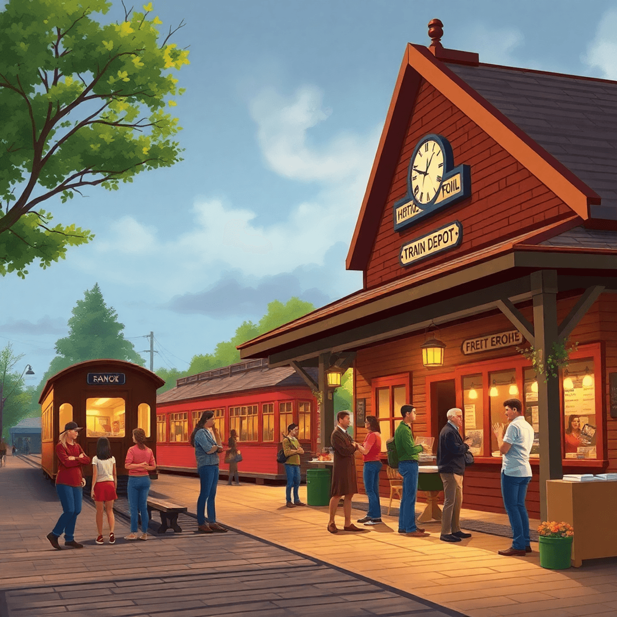 A cozy small-town scene featuring the Historic Lonoke Train Depot, with a vintage train station, locals chatting, and food vendors, evoking warmth ...
