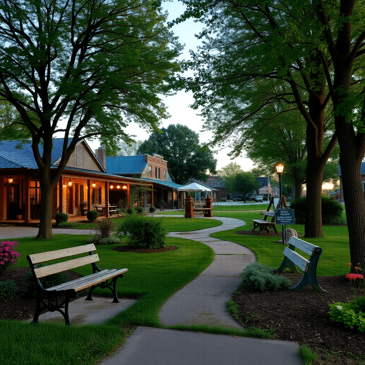 A serene small-town park in Crossett, Arkansas, showcasing lush greenery, a rustic bench, and a scenic walking path under soft evening light, evoki...