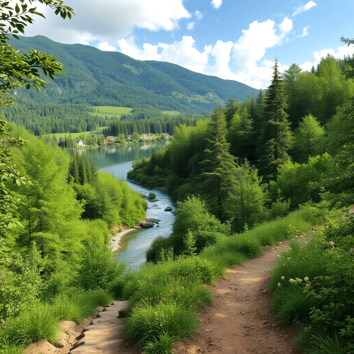 A serene hiking trail lined with lush greenery and a flowing river, inviting exploration and romantic moments in a peaceful outdoor setting.