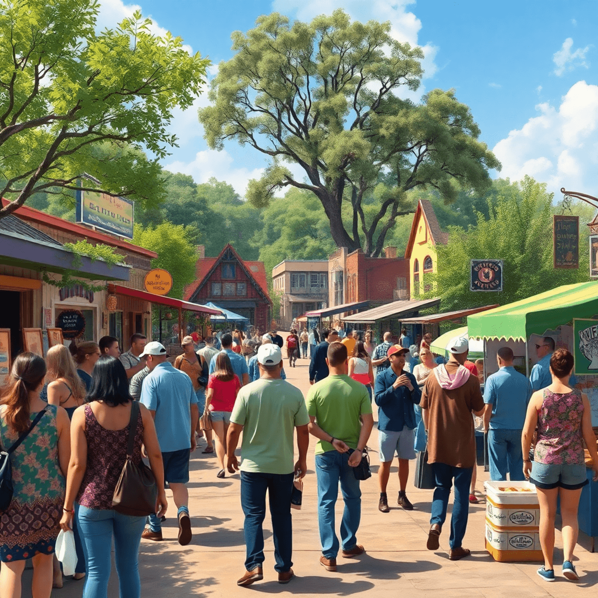 A vibrant small-town event in Cave Springs, Arkansas, with people enjoying outdoor activities, local art displays, food stalls, and charming buildi...