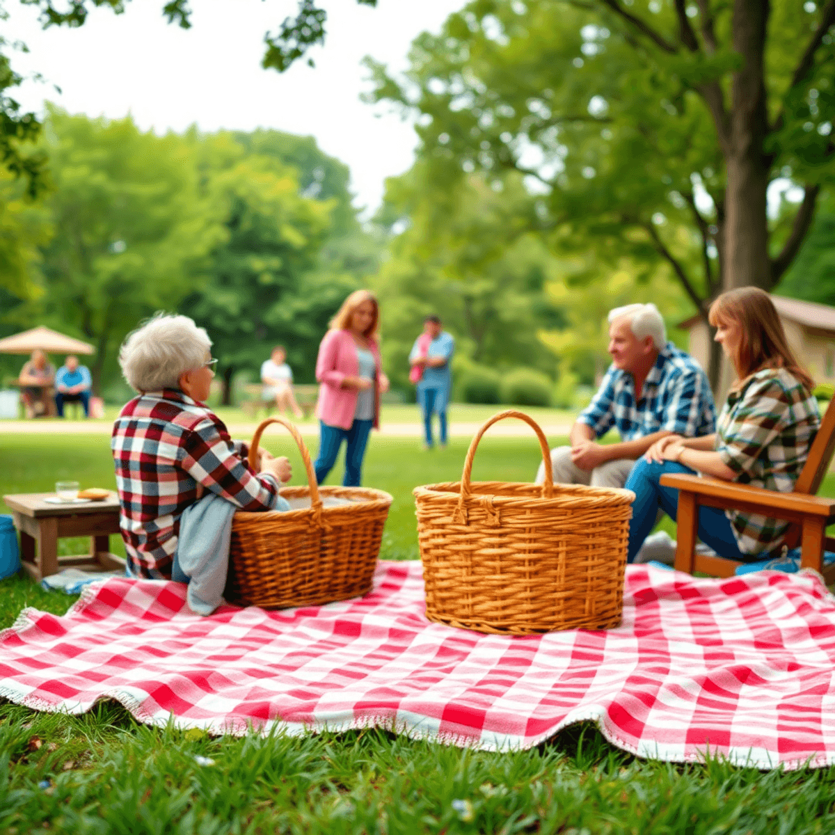 A cozy park scene with a checkered picnic blanket and basket, surrounded by lush greenery and locals chatting, creating a warm, inviting atmosphere...