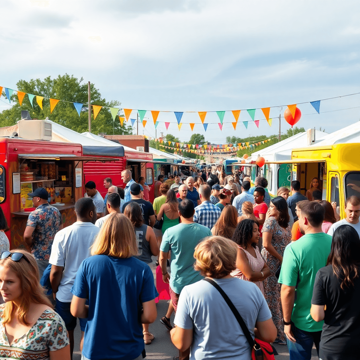 A lively food truck festival in East End, Arkansas, with colorful trucks and festive decorations, where people engage in conversations and enjoy th...