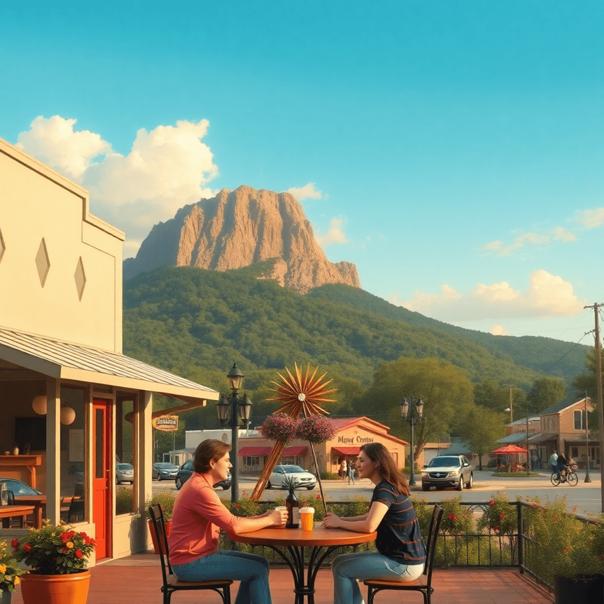 A picturesque view of the Ouachita Mountains with a cozy café and couples enjoying time together, surrounded by warm colors that create a welcoming...