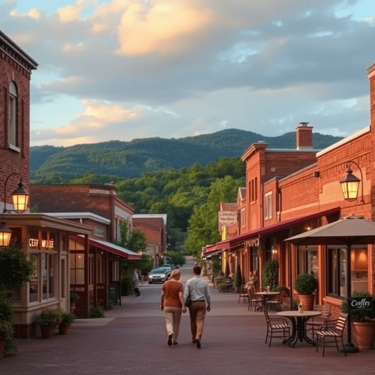 A charming small-town street in Berryville, Arkansas, with cozy coffee shops and lush greenery, featuring a couple walking hand-in-hand amidst a wa...