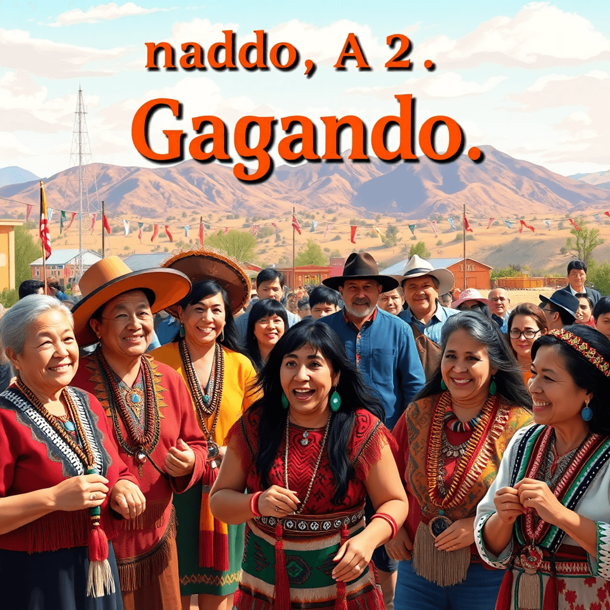 A lively community gathering in Ganado, Arizona, featuring people in traditional attire celebrating with joyful expressions and cultural decoration...
