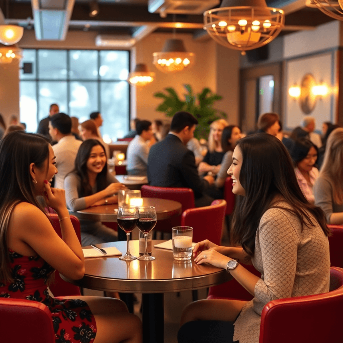 A lively speed dating event in a stylish venue, featuring singles engaging in conversation at small tables, surrounded by warm lighting and tastefu...