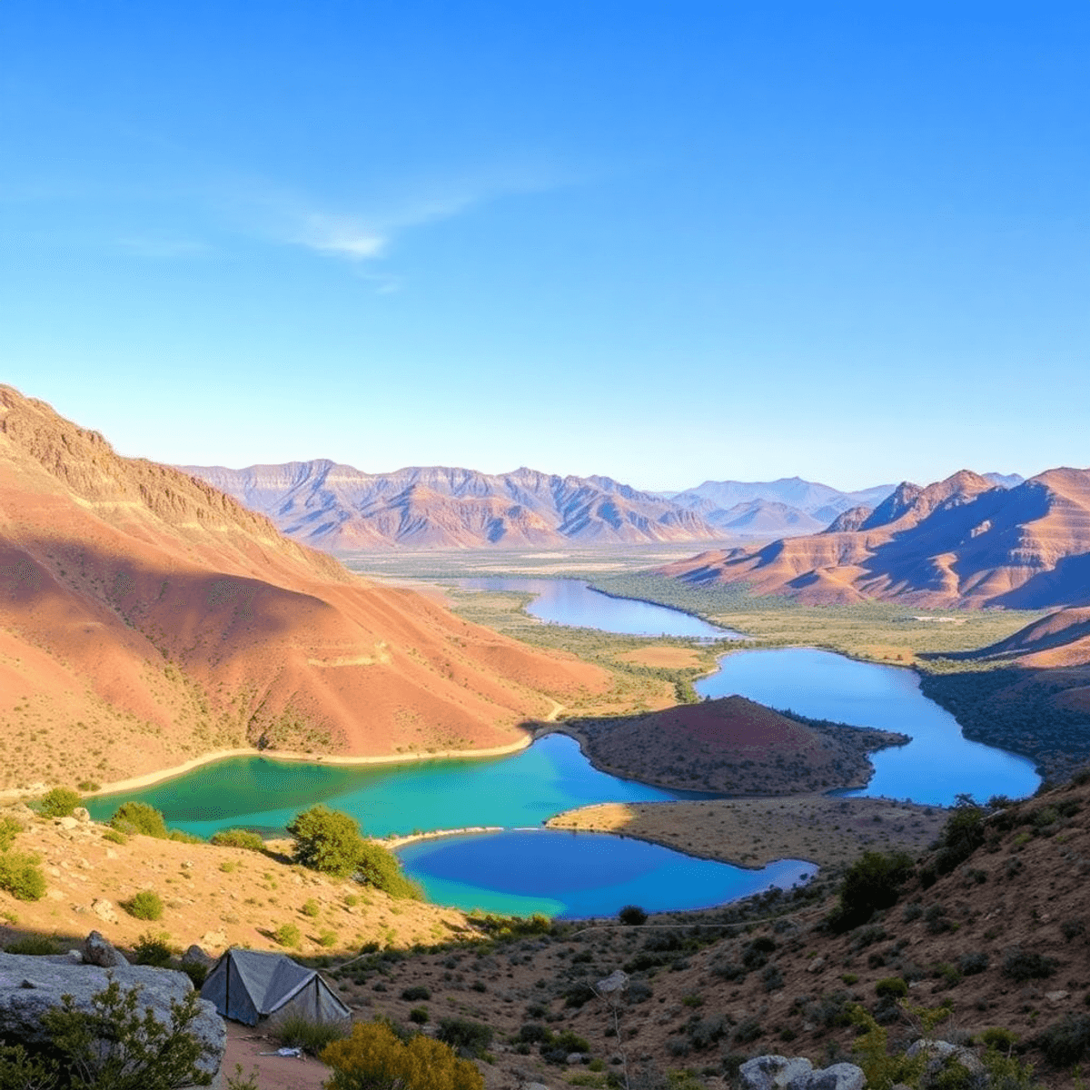 A vibrant landscape of La Paz Valley, Arizona, showcasing hiking trails, serene lakes, and inviting camping spots, all in lush natural colors.