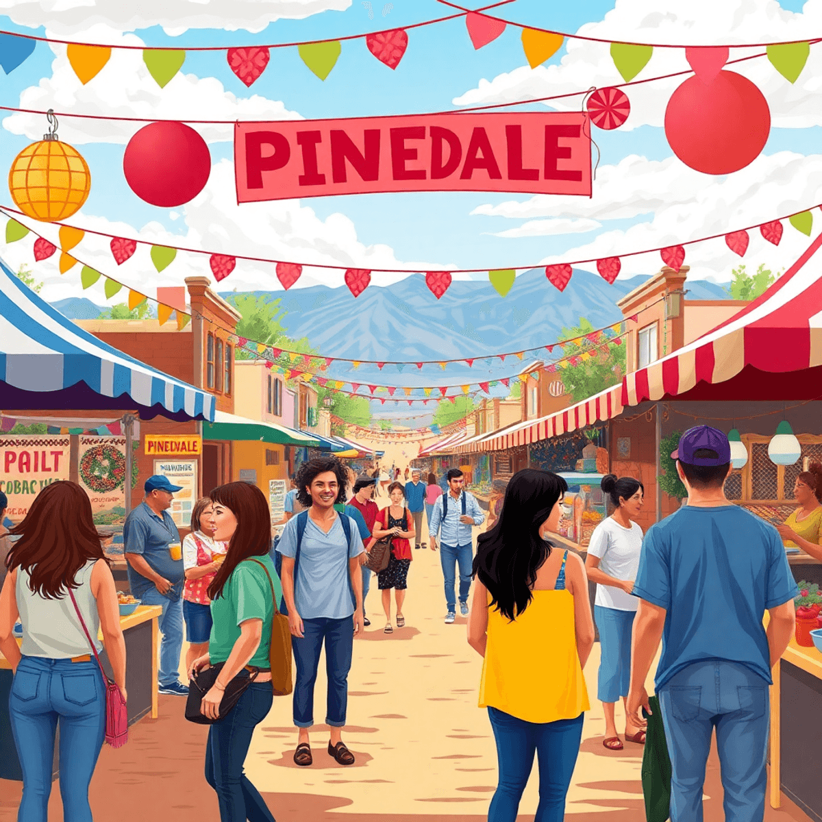 A lively small-town festival in Pinedale, Arizona, featuring colorful decorations, food stalls, and groups of people enjoying conversations and act...