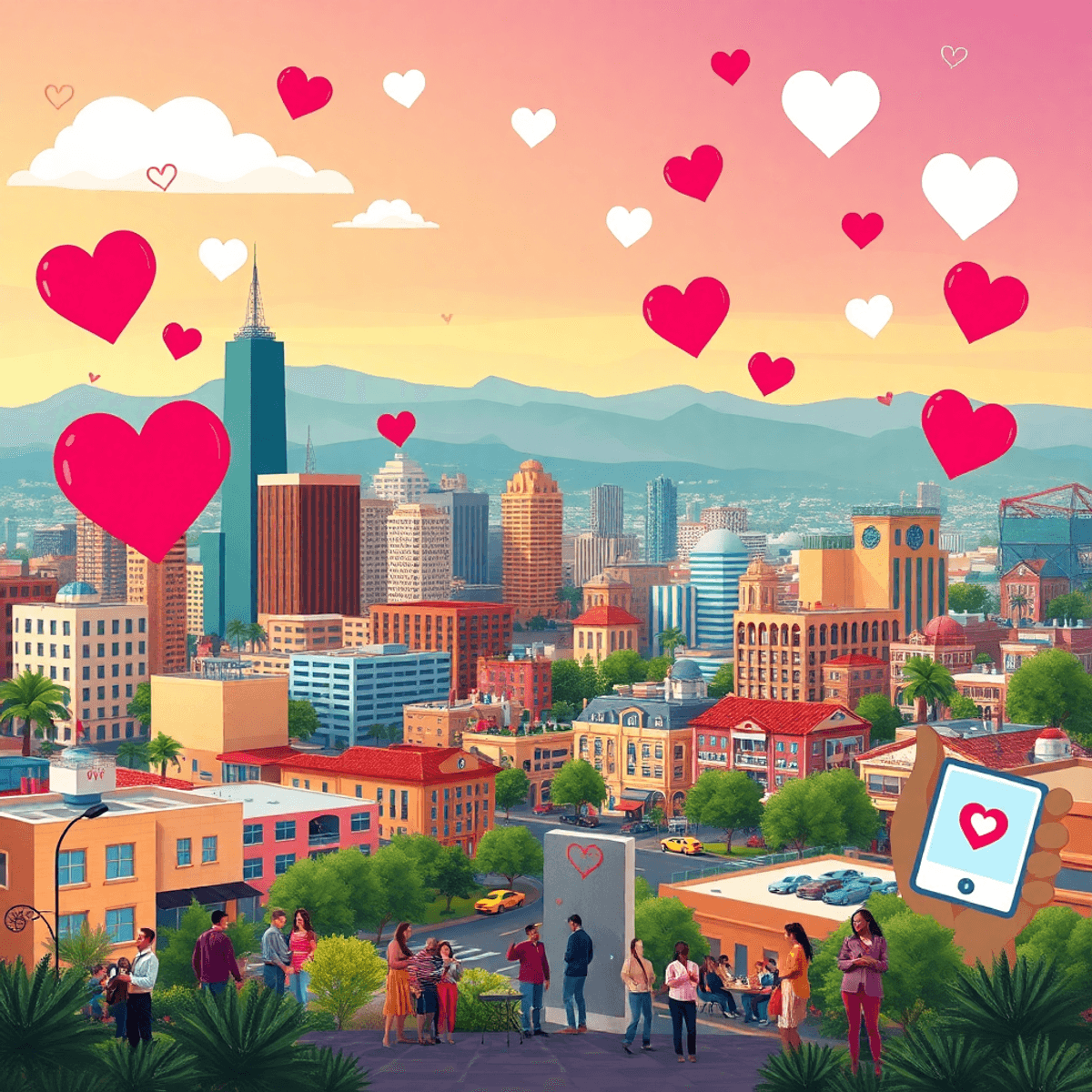 A vibrant cityscape of San Jose, Arizona, showcasing heart shapes, social gatherings, and digital dating icons, evoking warmth and inclusivity in a...