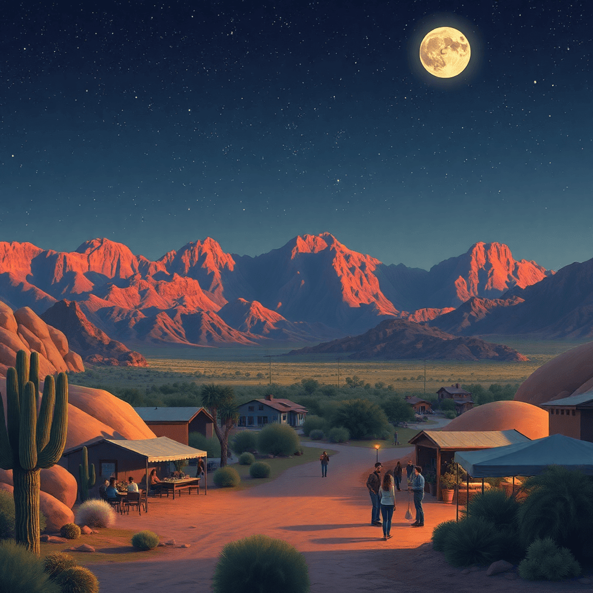 A stunning desert landscape in Sunsites, Arizona, showcasing mountains under a starry sky, with hints of community life like a farmers' market and ...