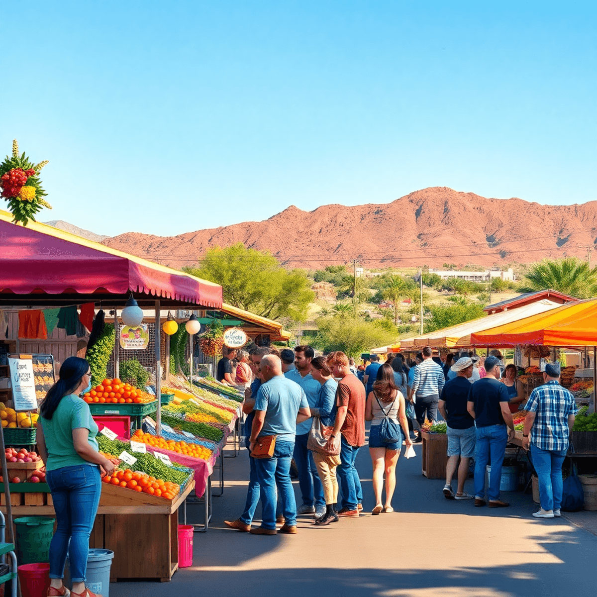 A lively outdoor farmers' market in Donovan Estates, Arizona, with colorful stalls of fresh produce, local goods, and people engaging in conversati...