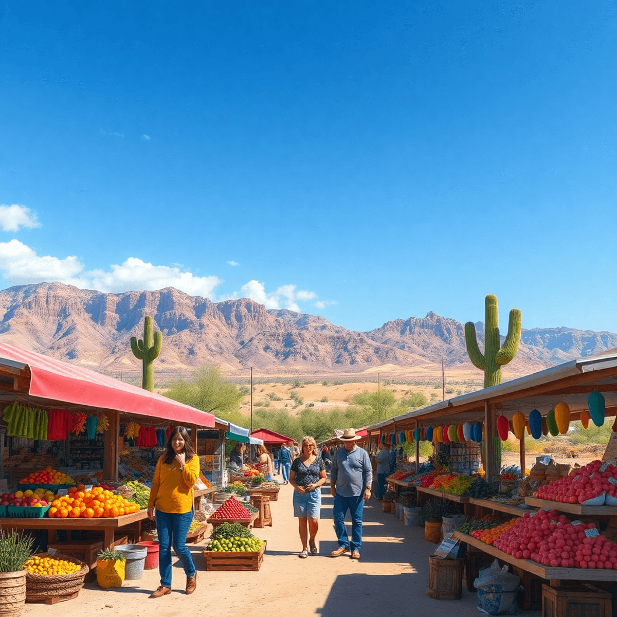 A vibrant small-town market in Elephant Head, Arizona, filled with fresh produce and local goods, set against a scenic desert landscape under a bri...