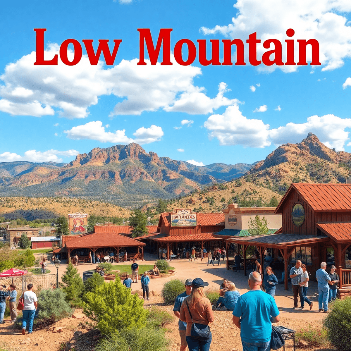 A scenic view of Low Mountain, Arizona, featuring hiking trails, local landmarks, and people enjoying community gatherings in a warm, inviting atmo...