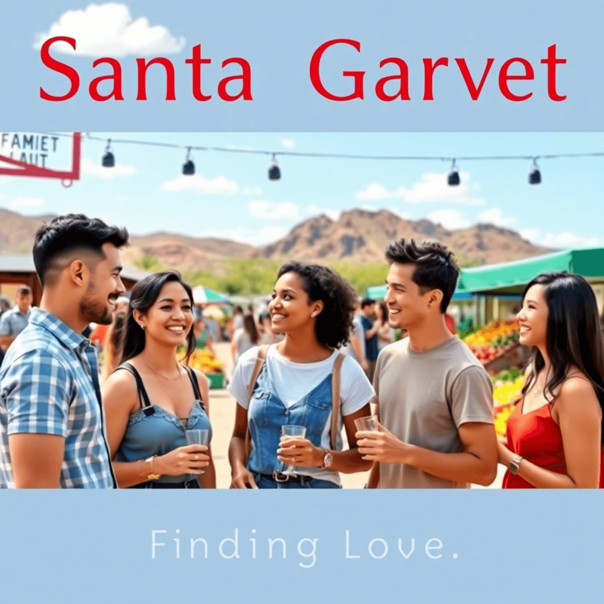 A lively outdoor gathering at a farmers' market in Santa Rosa, Arizona, with young adults enjoying fresh produce against a backdrop of picturesque ...