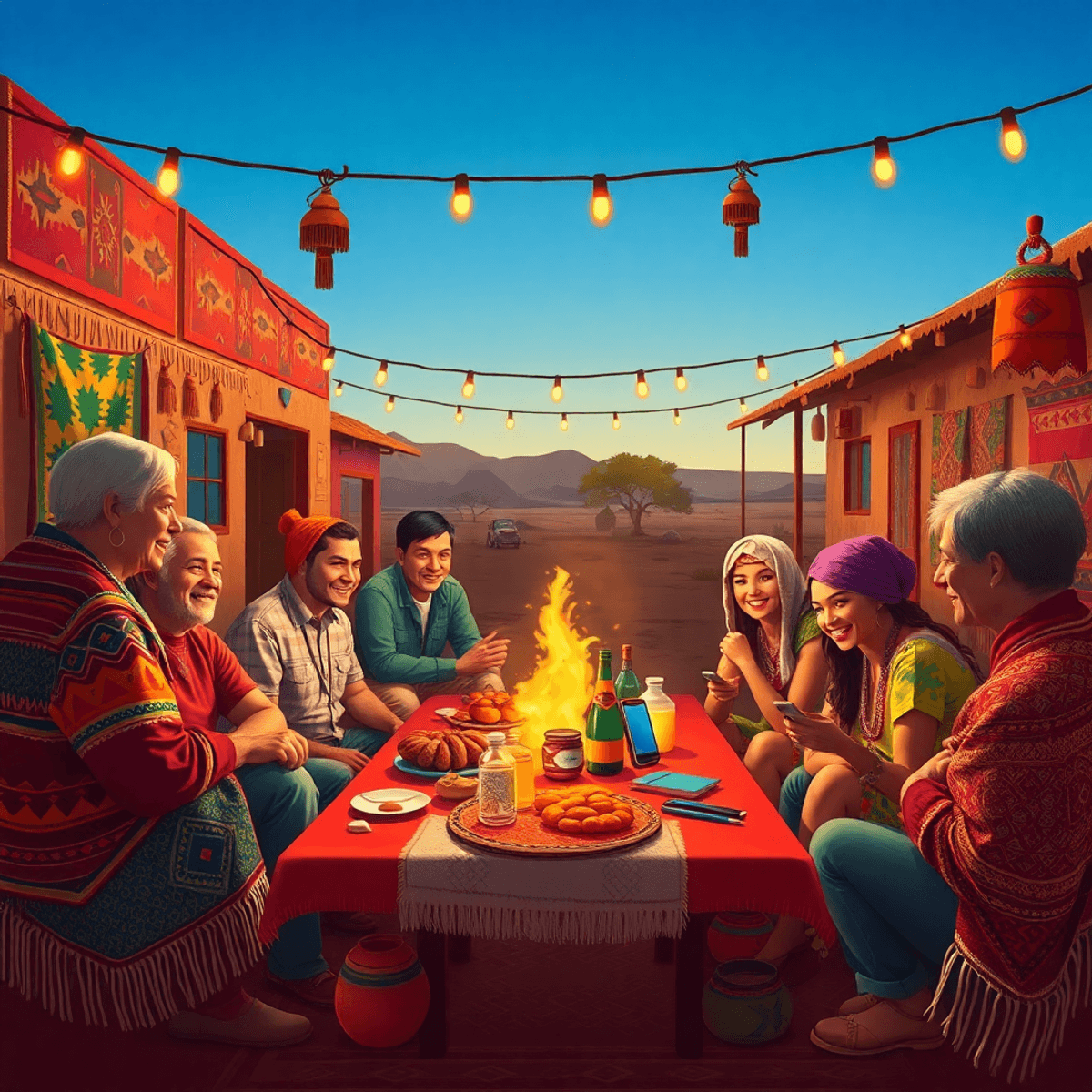 A warm community gathering in Many Farms, Arizona, featuring traditional Navajo rugs and pottery alongside modern symbols like hearts and smartphon...