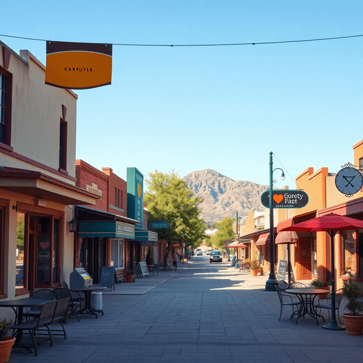 A charming small-town street in Arizona features local shops, outdoor seating areas, and hints of modern dating culture with smartphones and app ic...