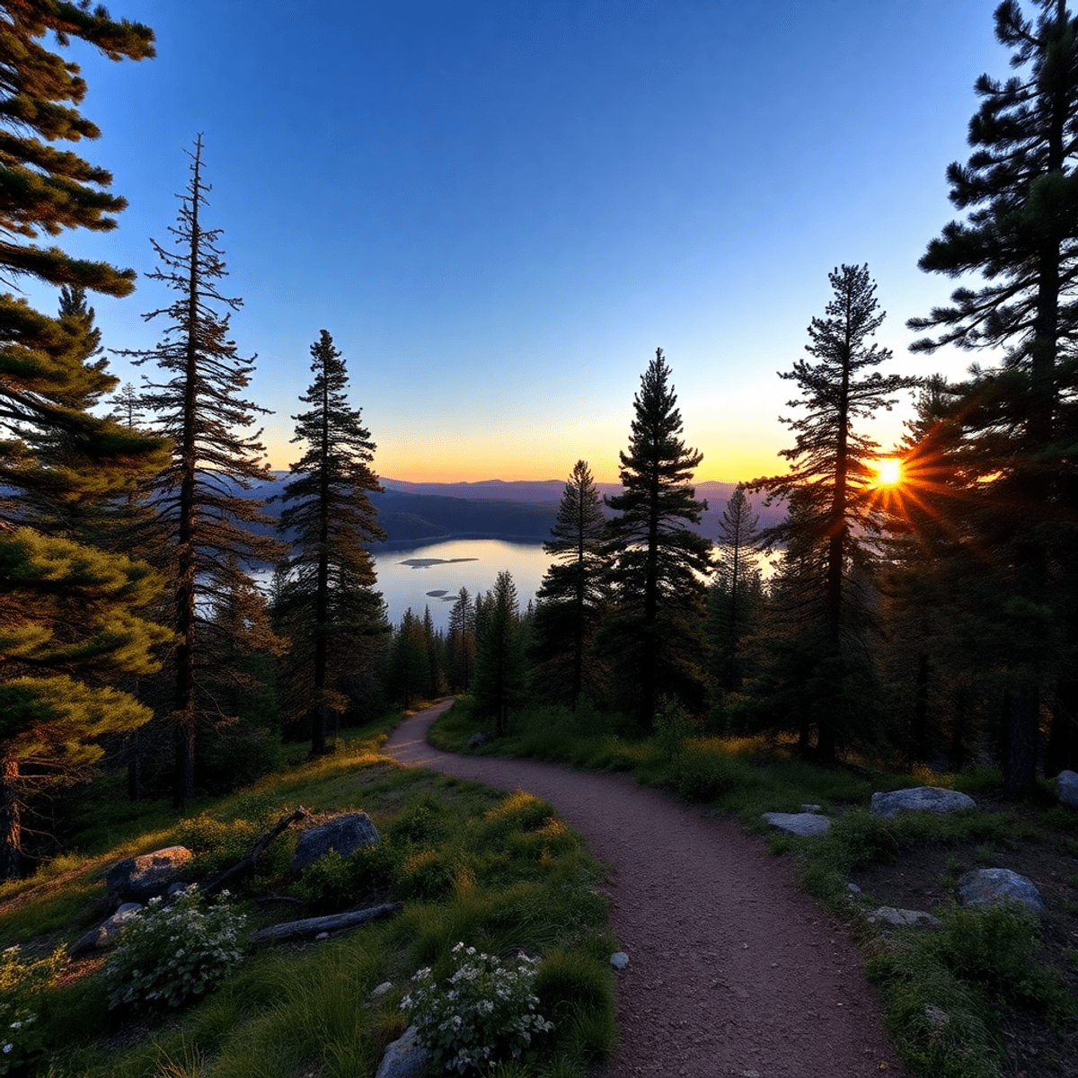A scenic hiking trail surrounded by Ponderosa pines, with a serene lake and a breathtaking sunset, capturing the vibrant beauty of Munds Park, Ariz...
