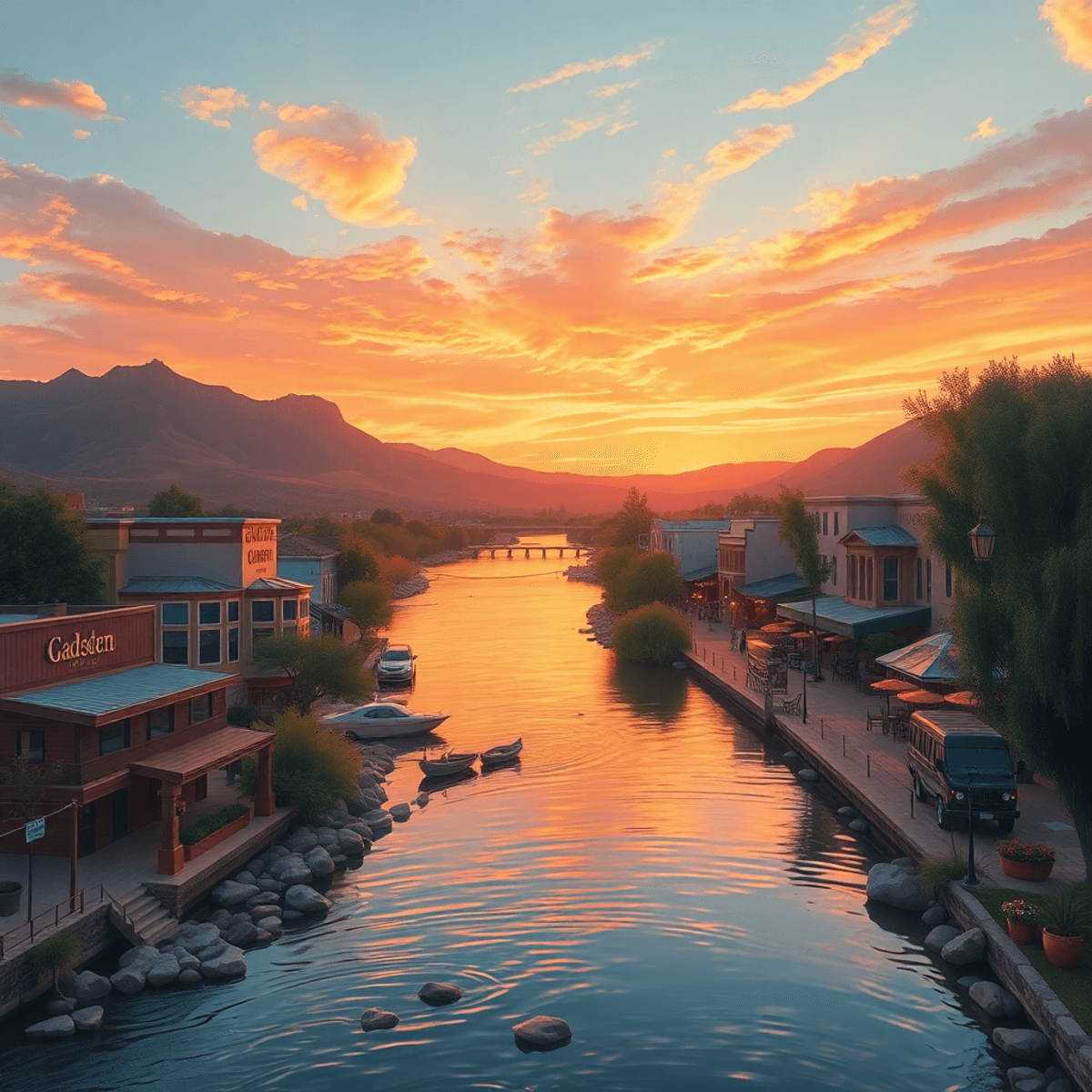 A picturesque sunset over Gadsden, Arizona, highlighting the Colorado River and quaint local cafes, creating a warm, inviting atmosphere of community.