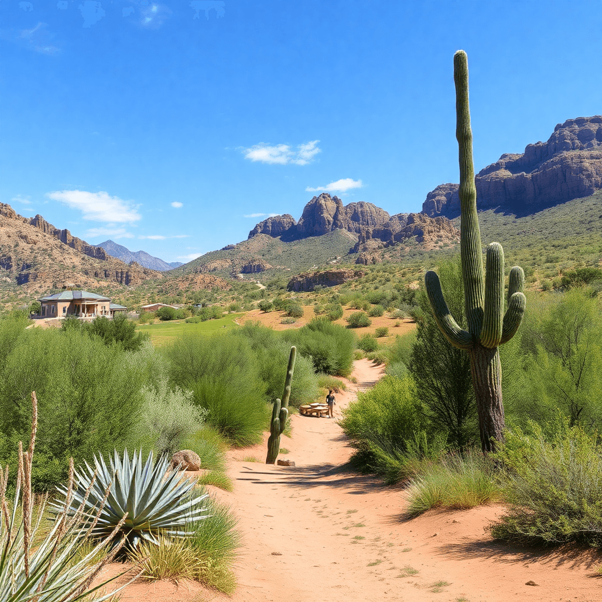 A scenic outdoor view in Gisela, Arizona, featuring lush greenery, hiking trails, a clear blue sky, and a cozy picnic area in the background, creat...