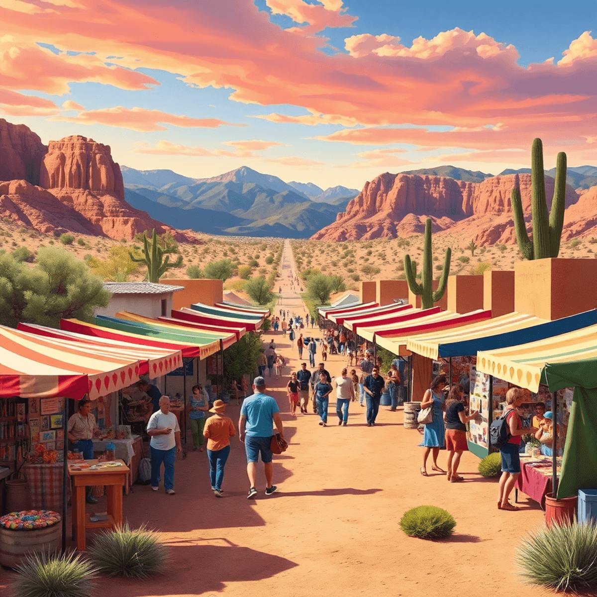 A vibrant desert festival in Salome, Arizona, with colorful stalls, artisans at work, and people enjoying live music against a stunning Arizona bac...