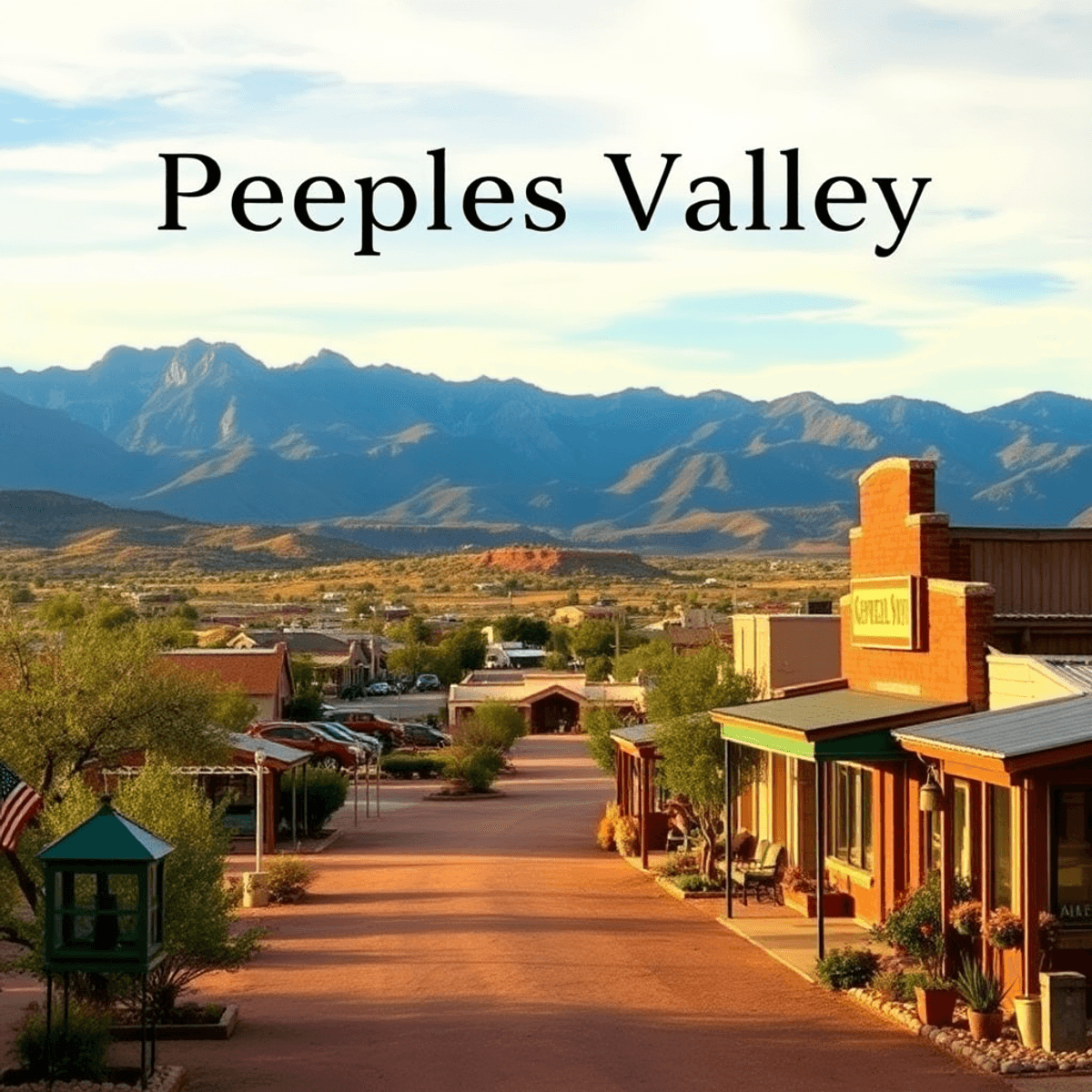 A scenic view of Peeples Valley, Arizona, featuring mountains, a quaint general store, and hints of community gatherings, capturing the warmth of c...