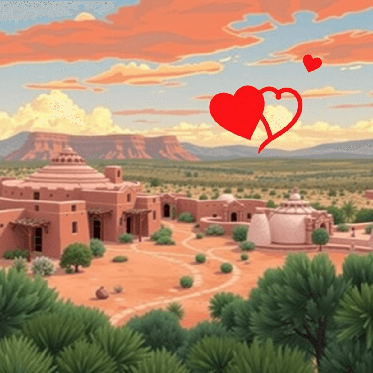 A scenic view of Hotevilla-Bacavi, Arizona, featuring traditional Hopi architecture amidst desert landscapes, with subtle symbols of love integrate...