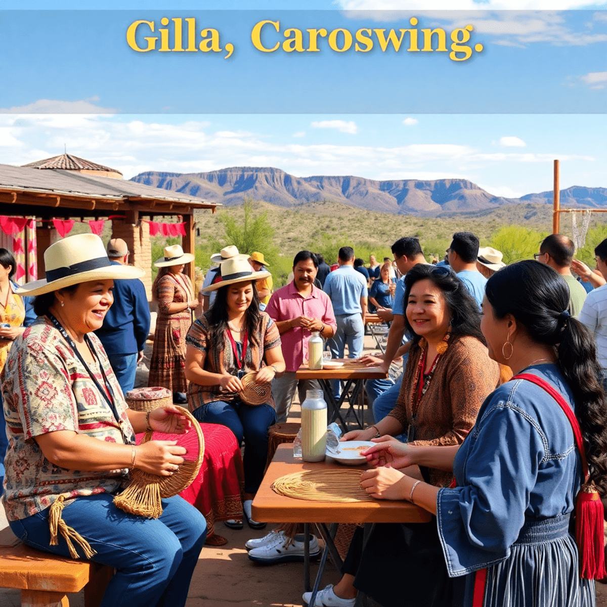 A lively outdoor event in Gila Crossing, Arizona, with singles engaged in basket weaving and local arts, set against a beautiful desert landscape a...