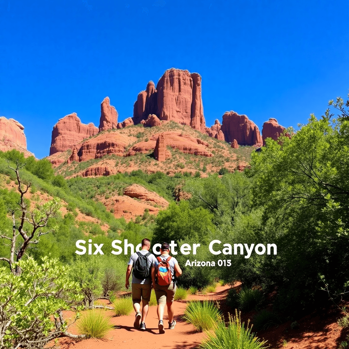 A scenic view of Six Shooter Canyon in Arizona, featuring vibrant red rock formations and greenery, with two hikers enjoying the trail under a brig...