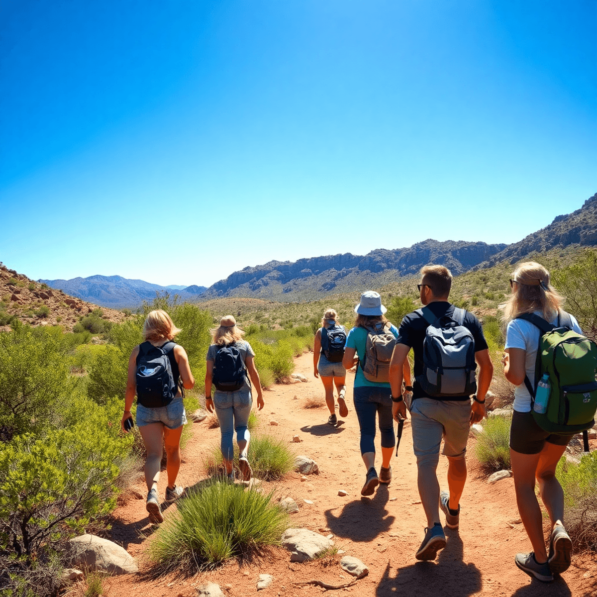 A lively outdoor scene of singles hiking a desert trail in Komatke, Arizona, surrounded by greenery, rocky paths, and a bright blue sky, showcasing...