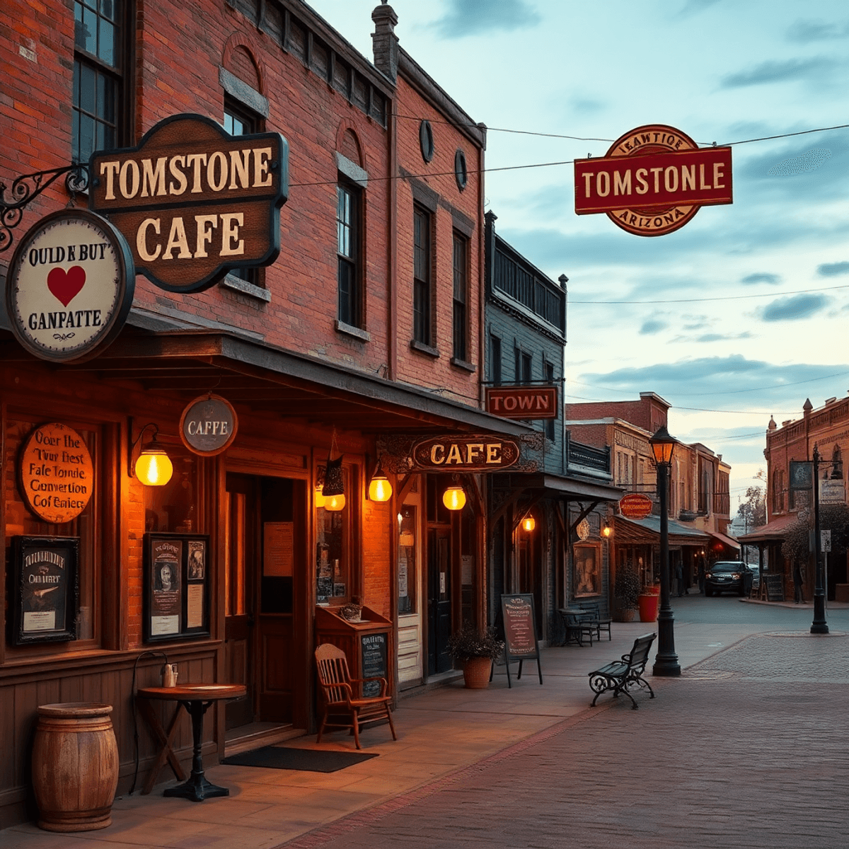 A charming street scene in Tombstone, Arizona, showcasing historic Wild West buildings, a cozy cafe, warm lighting, and vintage signs that enhance ...