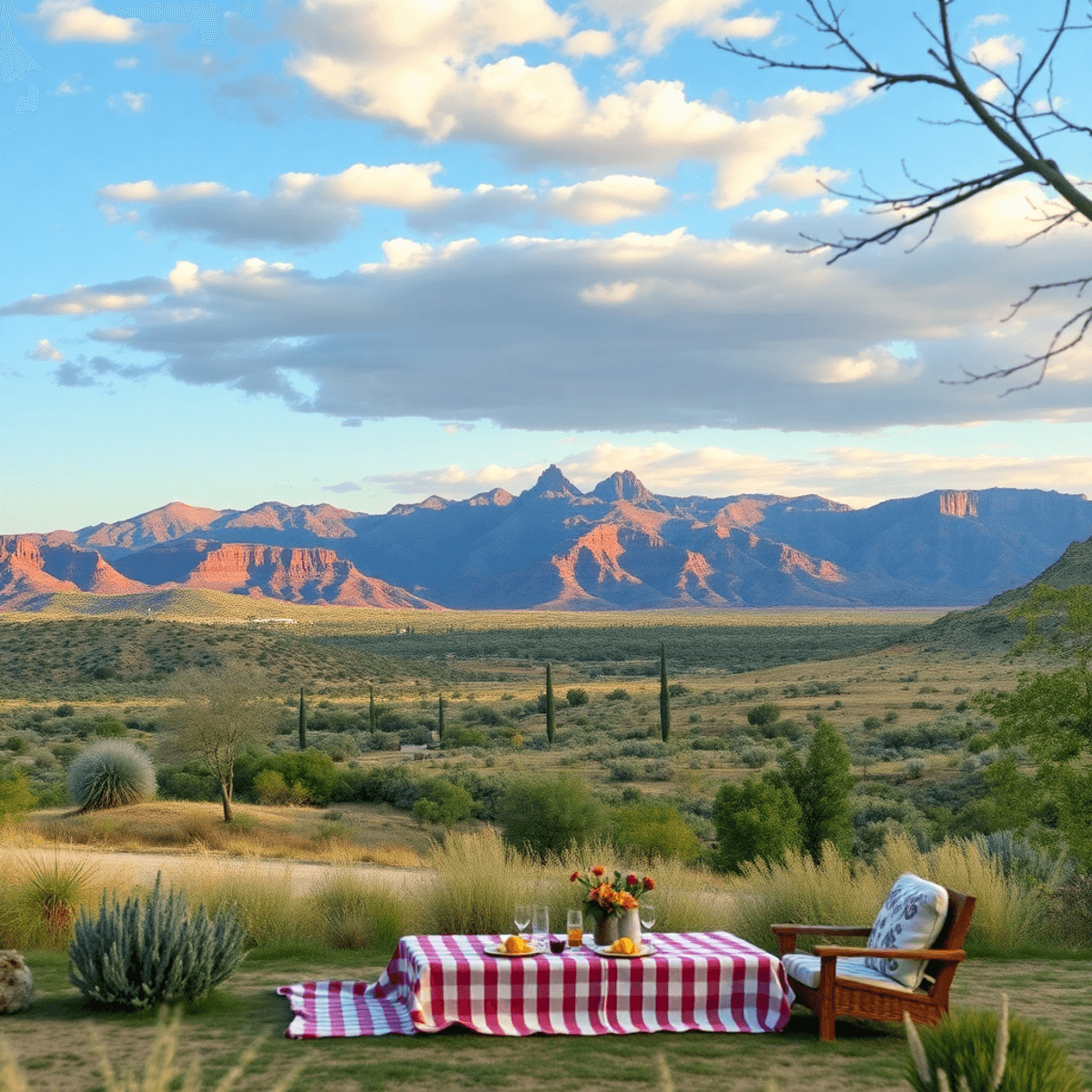 A scenic view of Willow Valley, Arizona, featuring mountains, lush greenery, and a cozy picnic setup that evokes warmth and community connection.