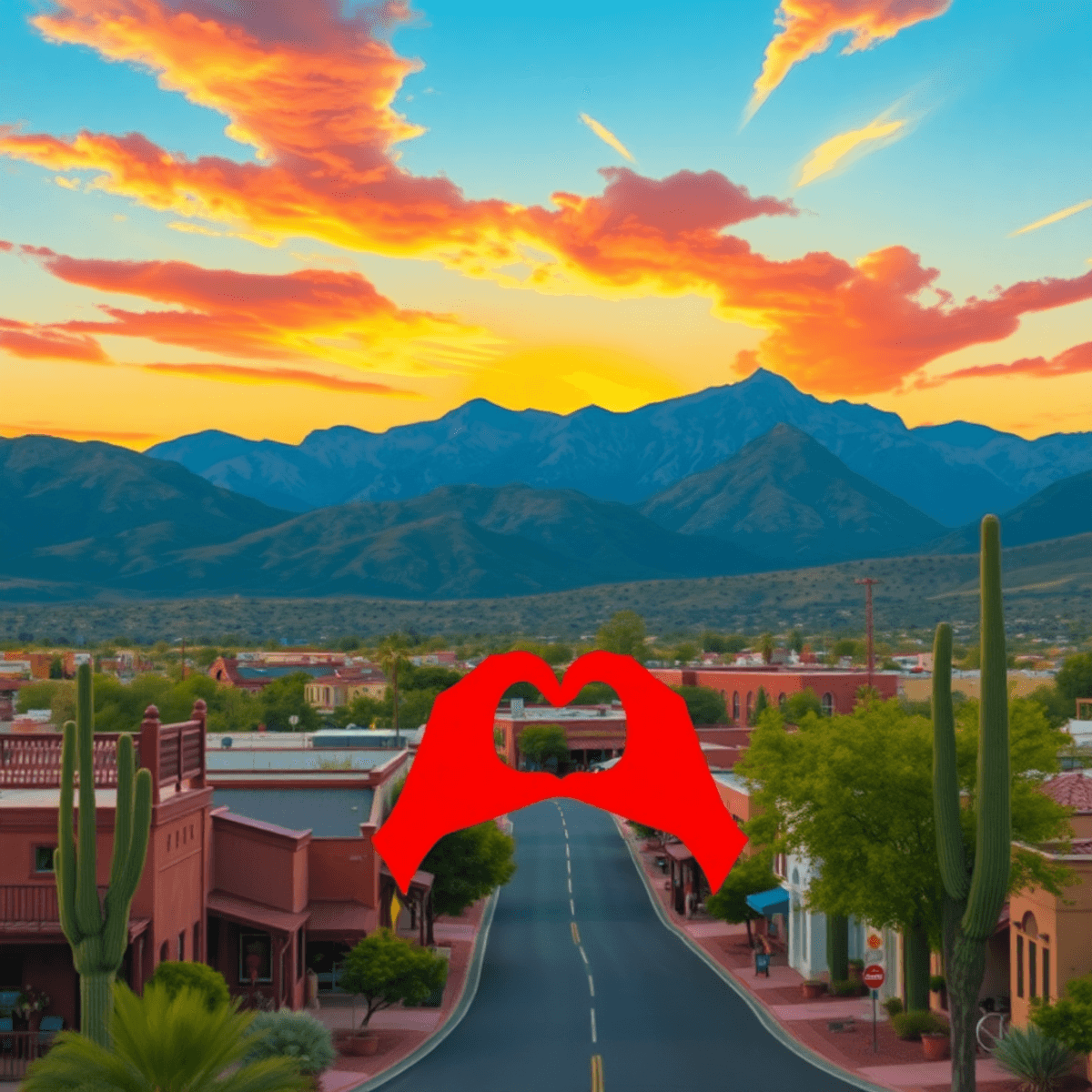 A picturesque small town in Arizona at sunset, with mountains in the background and subtle heart shapes integrated into the landscape, evoking adve...
