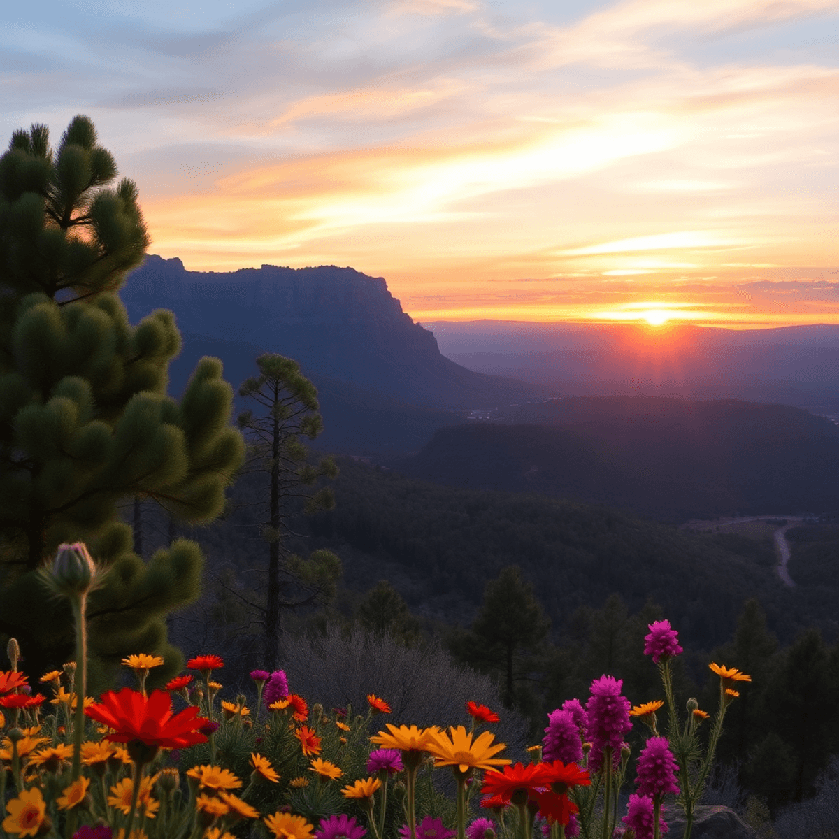 A scenic view of Strawberry, Arizona with pine-covered mountains, a vibrant sunset over the Mogollon Rim, and colorful wildflowers in the foreground.