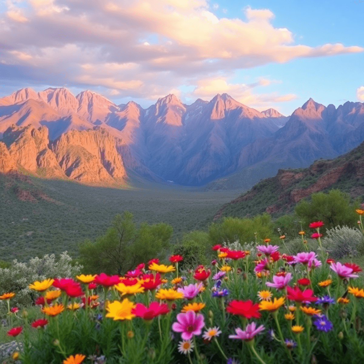 A scenic view of Patagonia, Arizona, showcasing majestic mountains and colorful wildflowers in the foreground, evoking romance and connection in na...