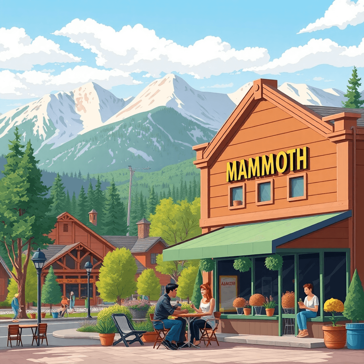 A cozy coffee shop in the foreground with a couple enjoying coffee, surrounded by mountains and trees, capturing a warm, inviting small-town atmosp...