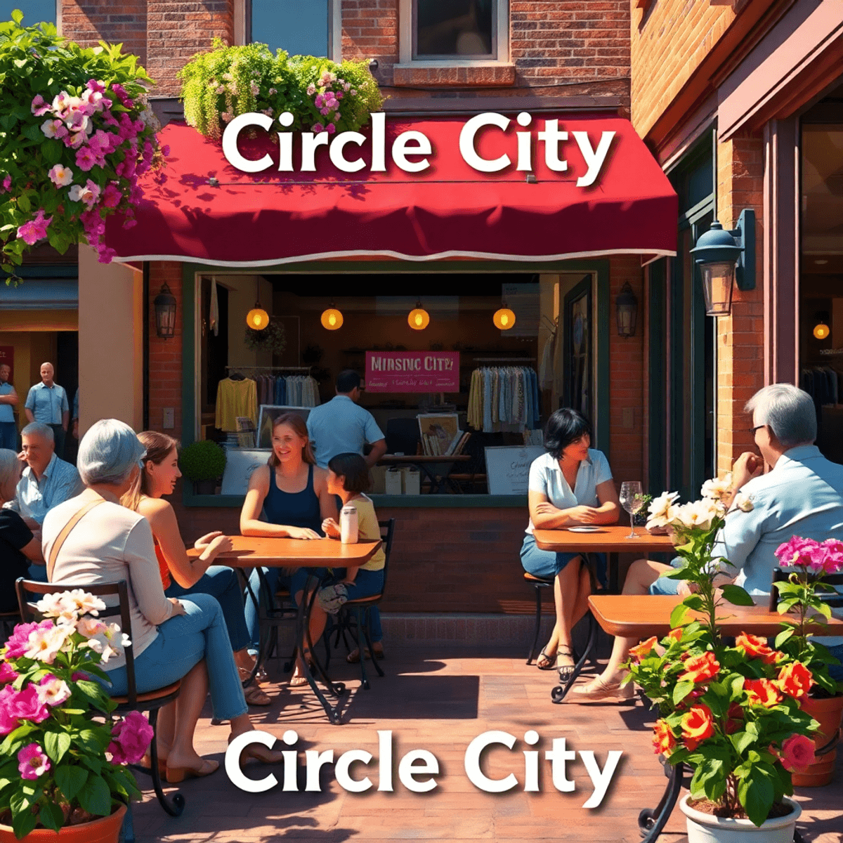 A cozy outdoor café in a small town, featuring tables for two surrounded by blooming flowers, with people enjoying each other's company on a sunny ...