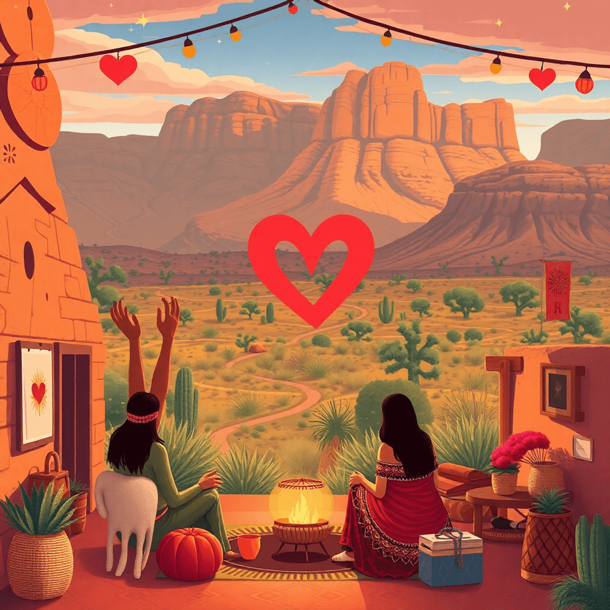 A scenic view of LeChee, Arizona featuring traditional Navajo elements, hearts, intertwined hands, and a cozy gathering spot, creating a warm, invi...