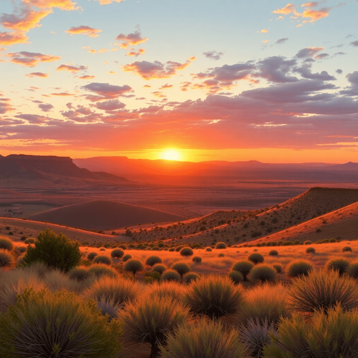 A stunning sunset over Peridot Mesa, with rolling hills and desert plains bathed in warm colors, capturing the natural beauty and cultural essence ...