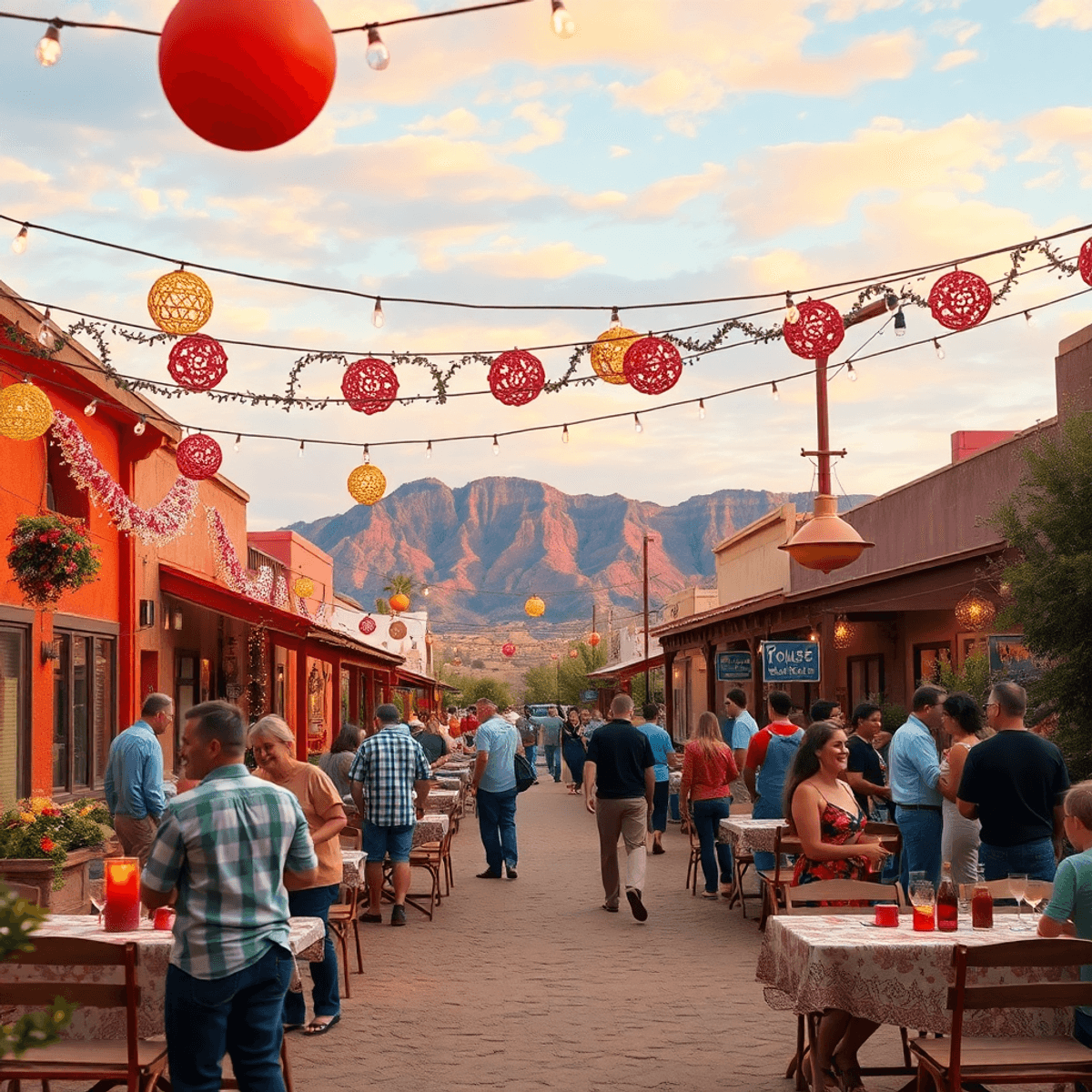 A vibrant outdoor community event in Arizona, with festive lights and tables set for gathering, capturing joyful interactions against a beautiful d...