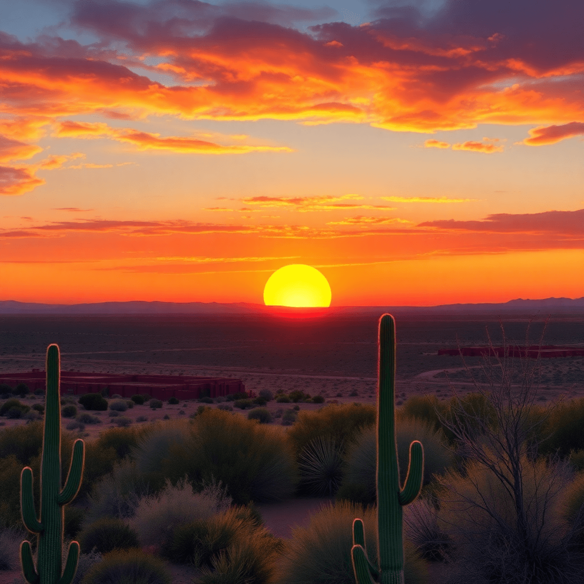 A serene sunset over the Hopi Reservation in Arizona, featuring cacti and native plants, with warm orange and purple hues in the sky, symbolizing c...