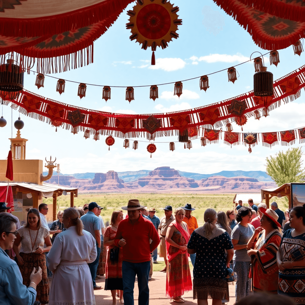 A vibrant community event in Pinon, Arizona, showcasing traditional decorations and people joyfully interacting amidst stunning natural landscapes ...