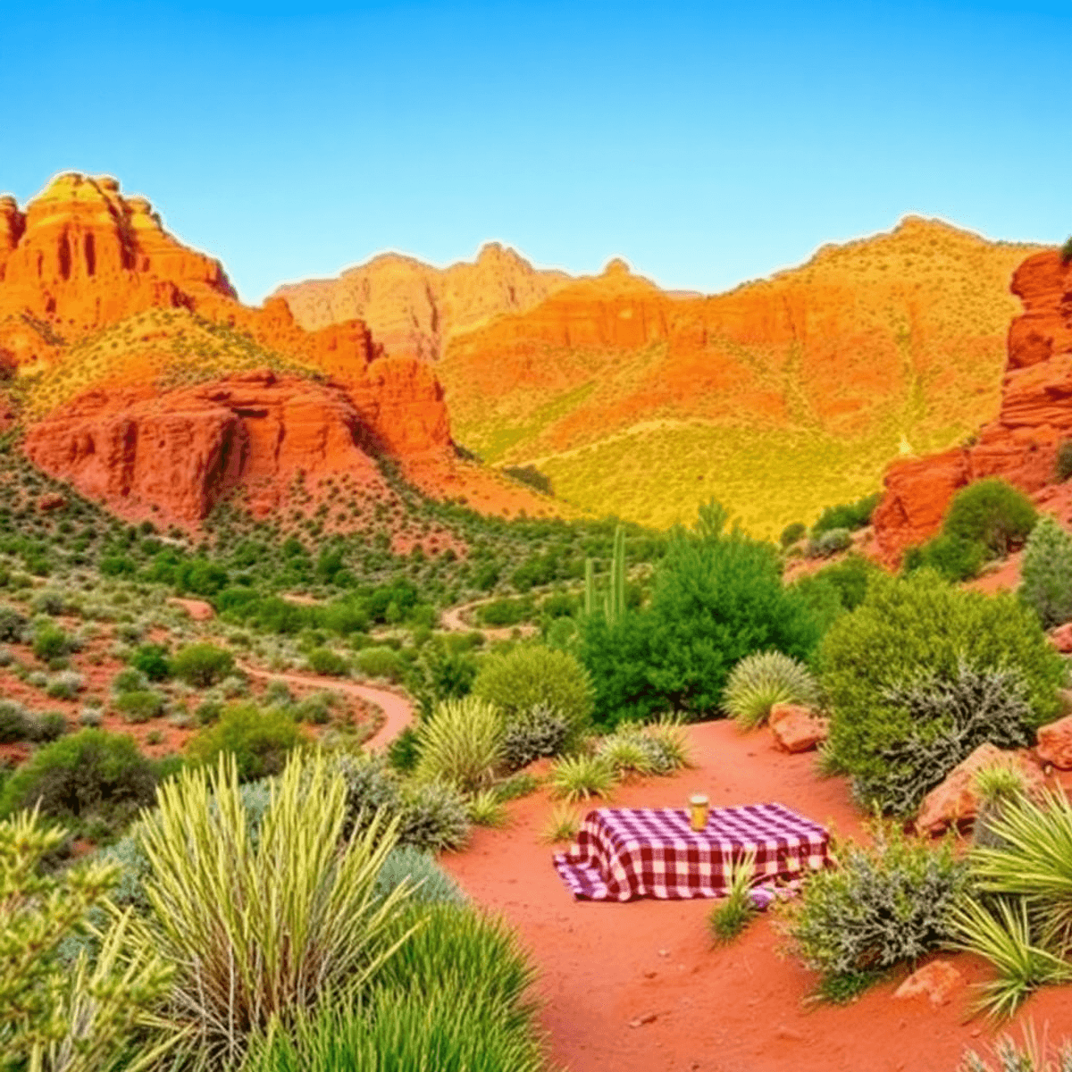 A picturesque view of red rock formations and lush greenery in Peach Springs, Arizona, with a winding hiking trail and a cozy picnic setup, evoking...