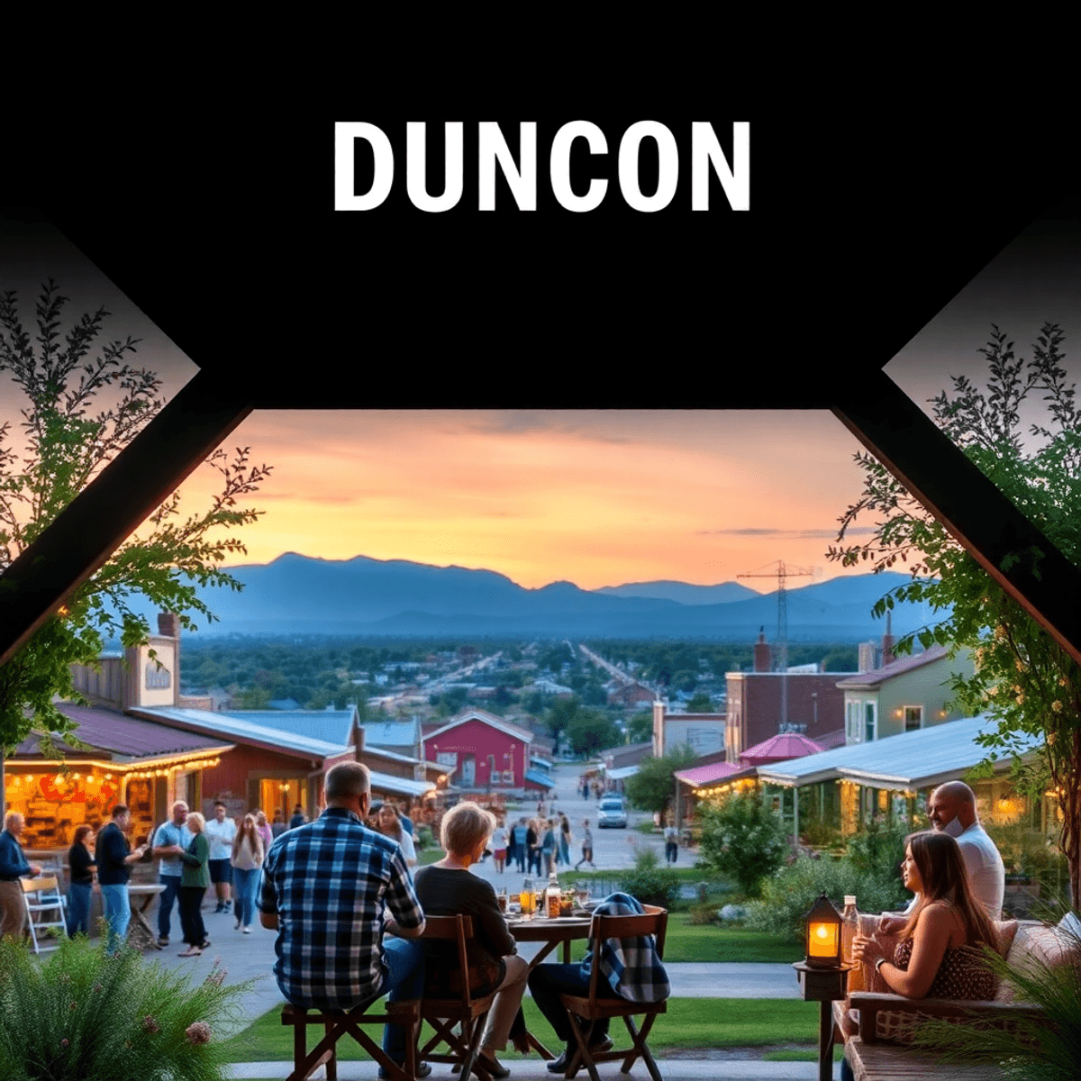A scenic view of Duncan, Arizona, featuring a vibrant community gathering and couples enjoying nature, highlighting the town's charm and warm, inti...