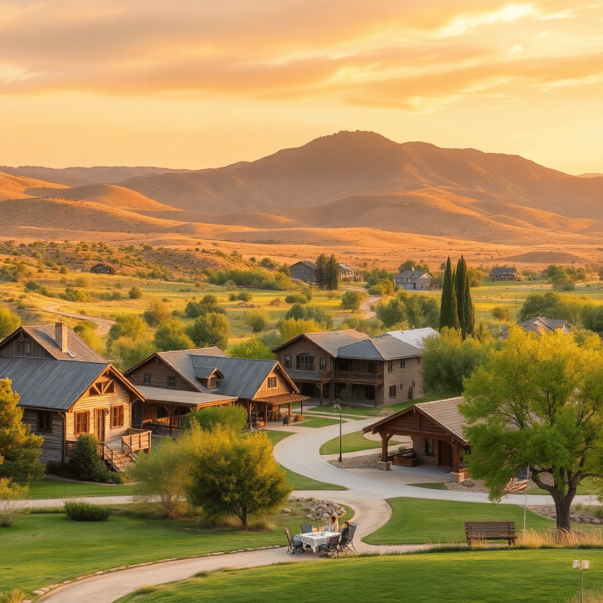 A serene small-town landscape in Wilhoit, Arizona, showcasing rustic homes amid rolling hills and greenery, with a sunset and a cozy picnic setup.
