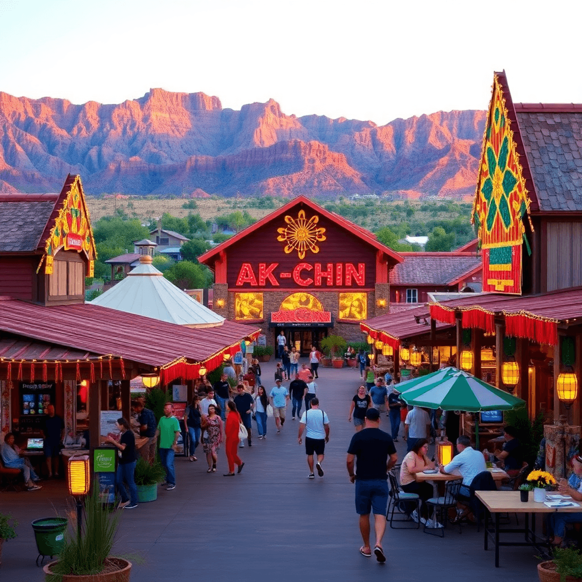 A vibrant scene of Ak-Chin Village in Arizona featuring a lively casino, cultural festival decorations, and outdoor activities amidst a stunning de...