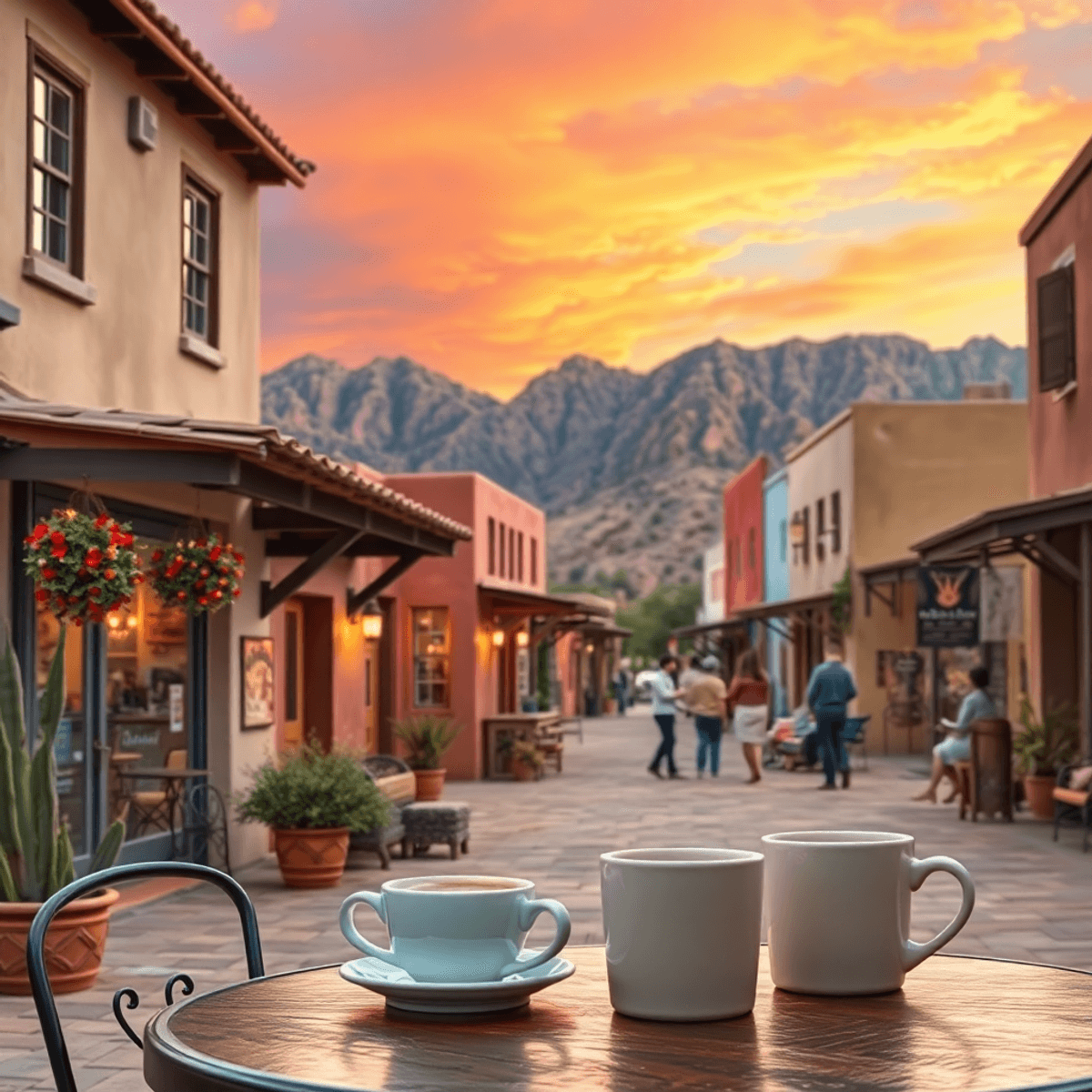 A cozy café patio with two coffee cups on a table, surrounded by charming local architecture and colorful banners in a warm, inviting small-town de...