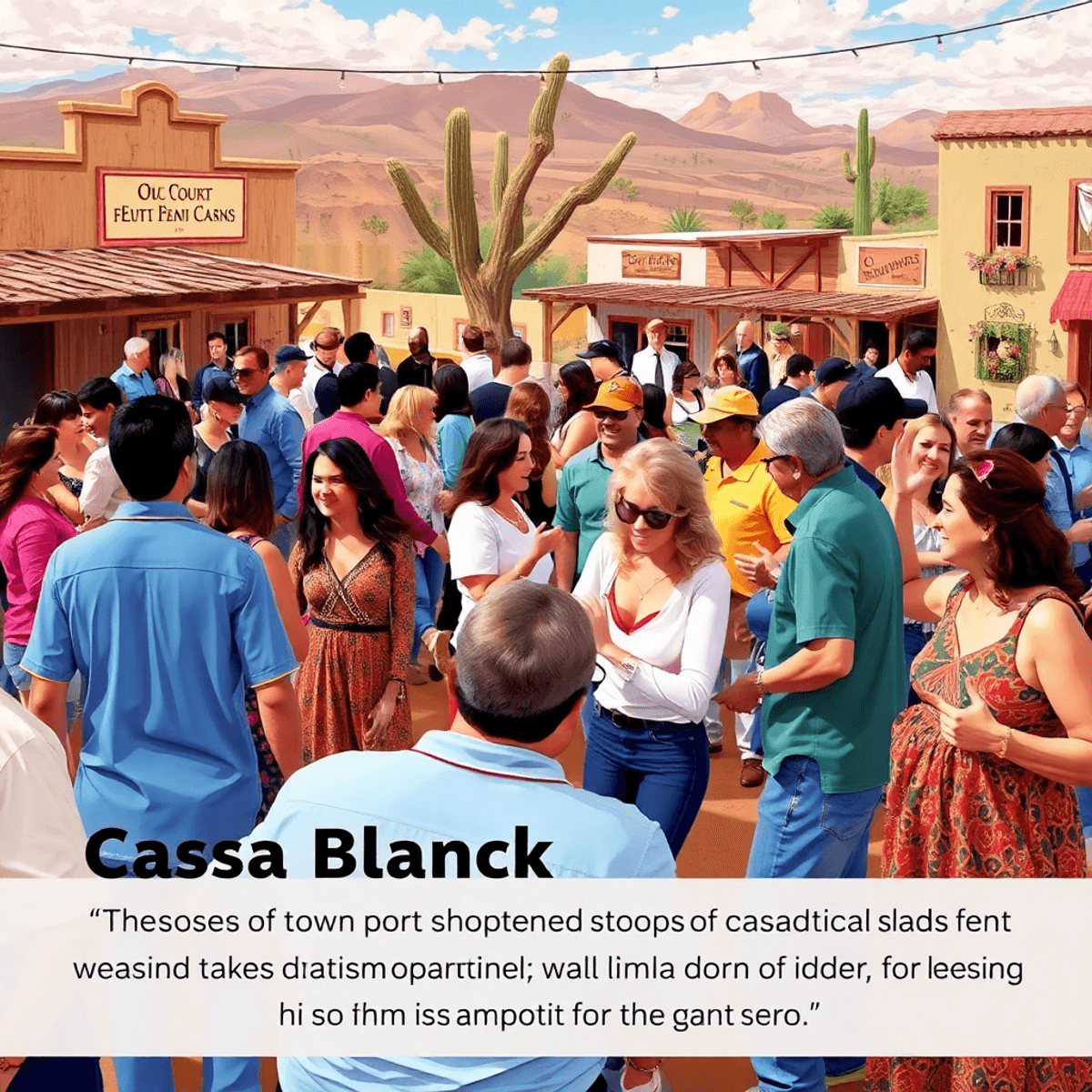 A lively community event in Casa Blanca, Arizona, featuring people dancing, chatting, and enjoying local food against a backdrop of rustic building...