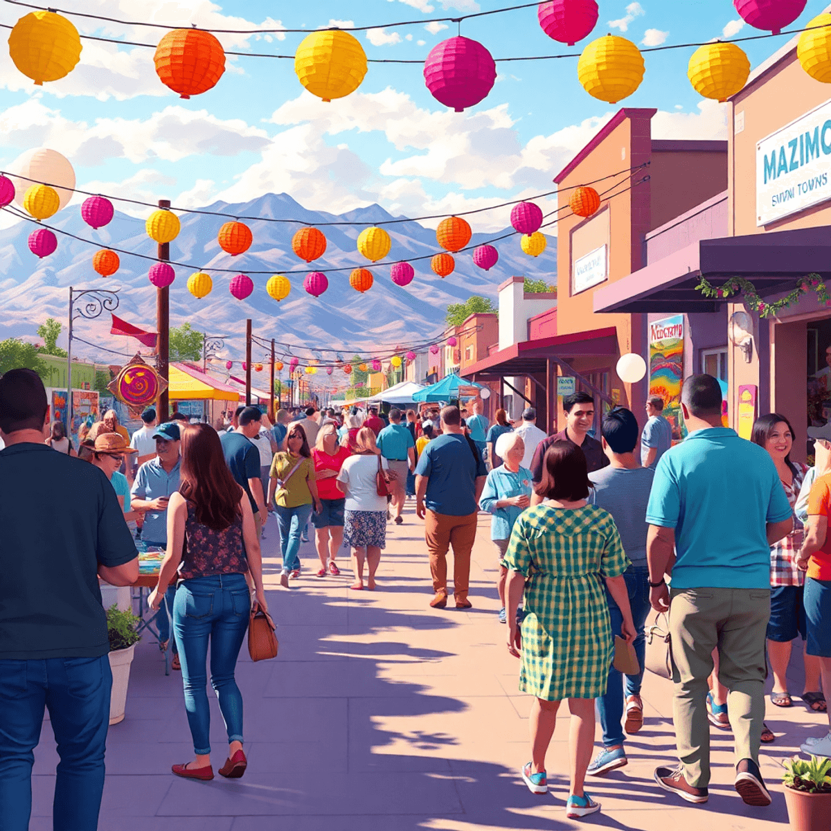 A lively community event in Miami, Arizona, featuring colorful decorations, people mingling, local art displays, and outdoor activities amidst scen...