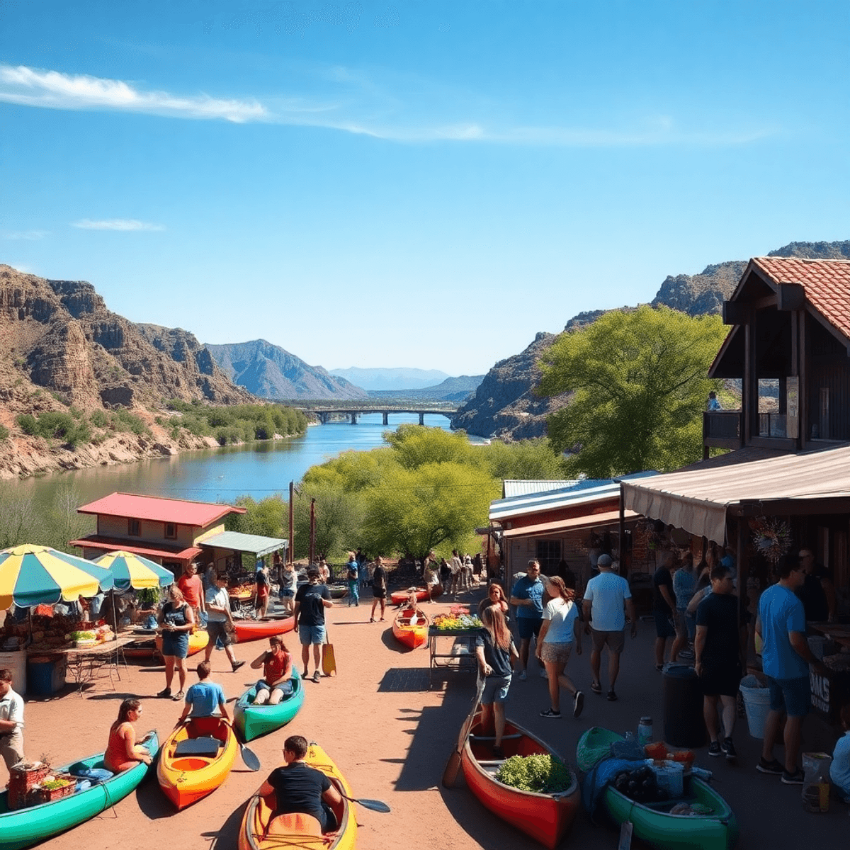 A picturesque view of the Colorado River in Golden Shores, Arizona, featuring kayaking, hiking, and a lively farmers market with colorful stalls an...