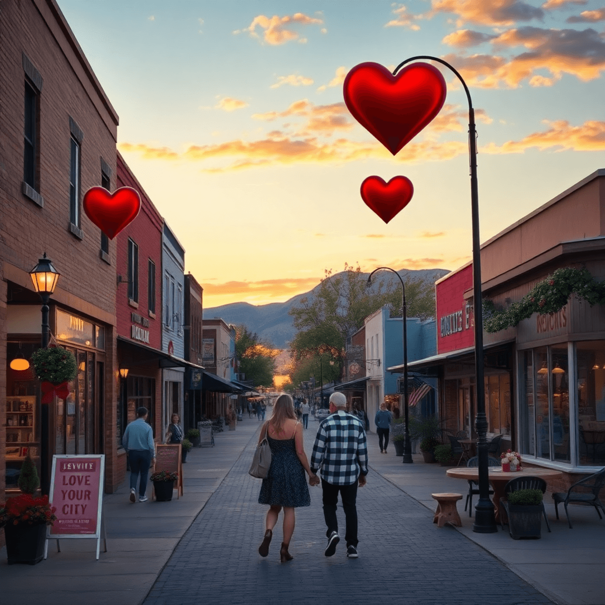 A charming small-town main street in Joseph City, Arizona, with local shops, couples enjoying outdoor activities, and a warm sunset backdrop creati...